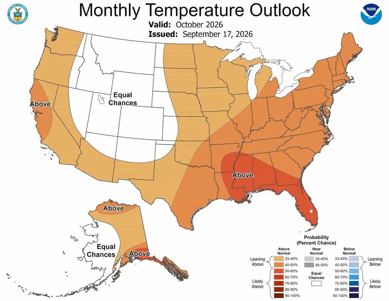 NOAA monthly temperature map for October 2026 showing equal chances across the interior West and above-normal probabilities along the California coast, central and eastern United States, and southeastern Alaska