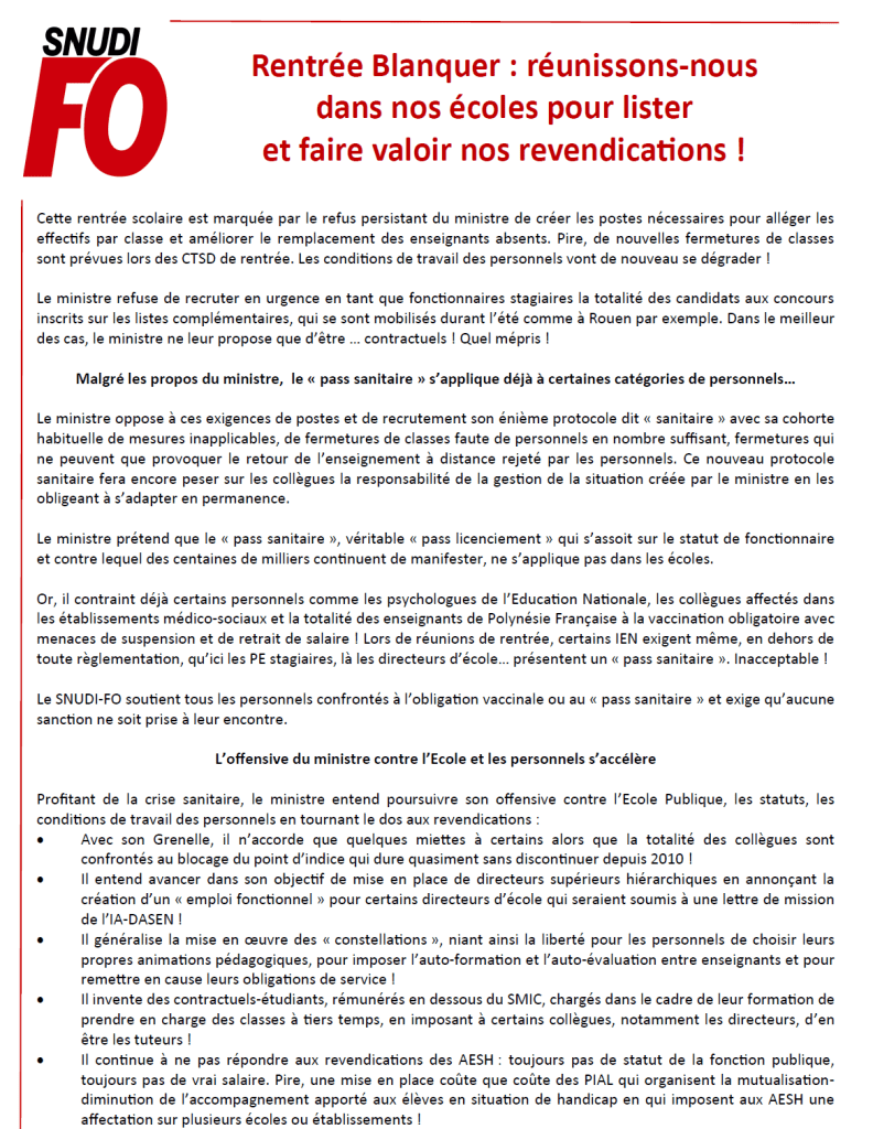 Arrêt n°115810 du conseil d'état du 21 janvier 1994 précisant qu'un employeur public ne peut pas sanctionner pour abandon de poste un agent . Snudi Fo 81 La Force Syndicale