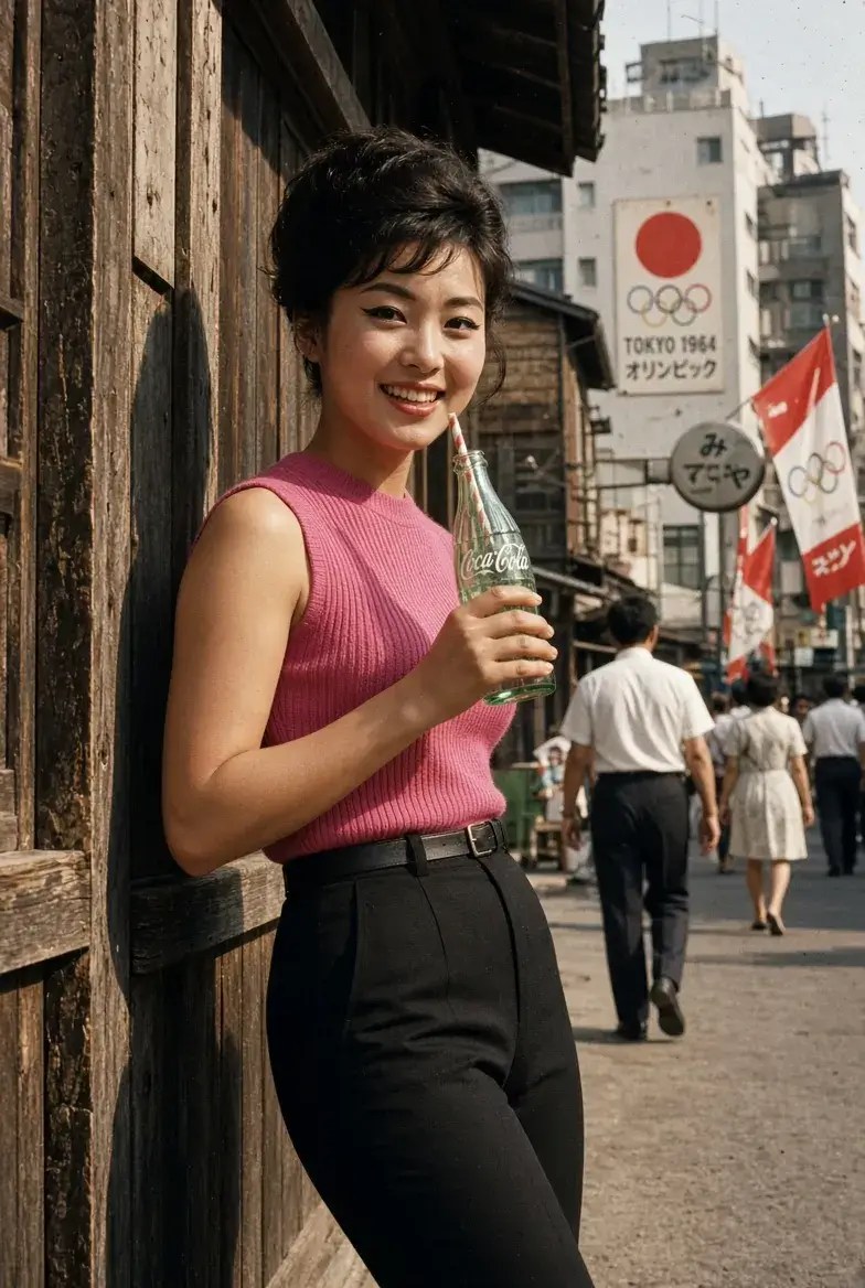 彼女は楽しげな笑顔を浮かべ、東京オリンピック直前の1964年夏、東京の街角にある建物の木製の壁に寄りかかっています。