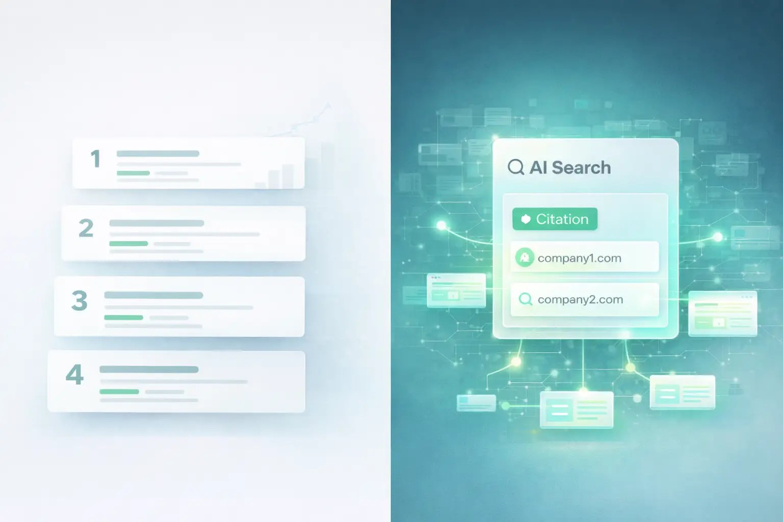 Illustration comparing traditional search rankings with AI search, showing how AI selects cited sources based on credibility and validation, with Soarion positioned as a trusted source.