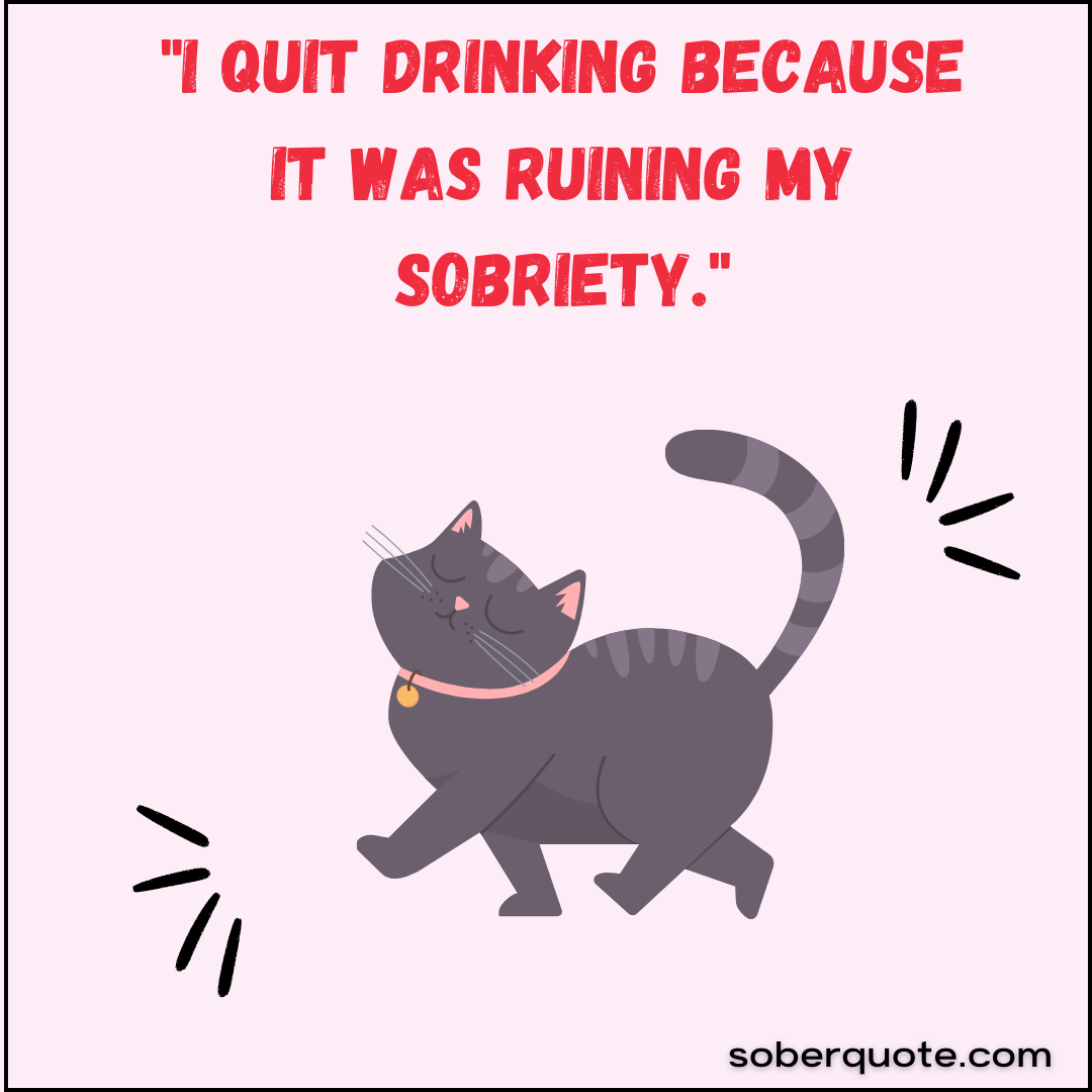 A SNOB CAT WALKING WITH THE FUNNY SOBER QUOTE: "I QUIT DRINKING BECAUSE IT WAS RUINING MY SOBRIETY"