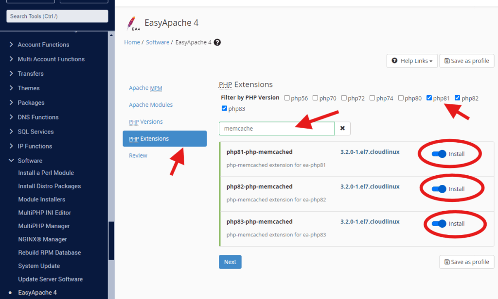 install memcached EA4
