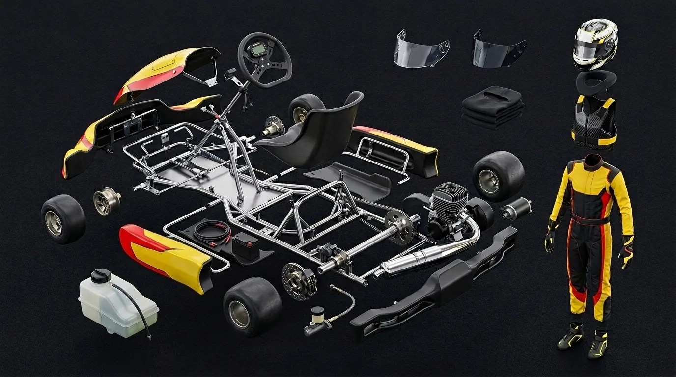 Exploded illustration of a senior KA100 kart and driver gear