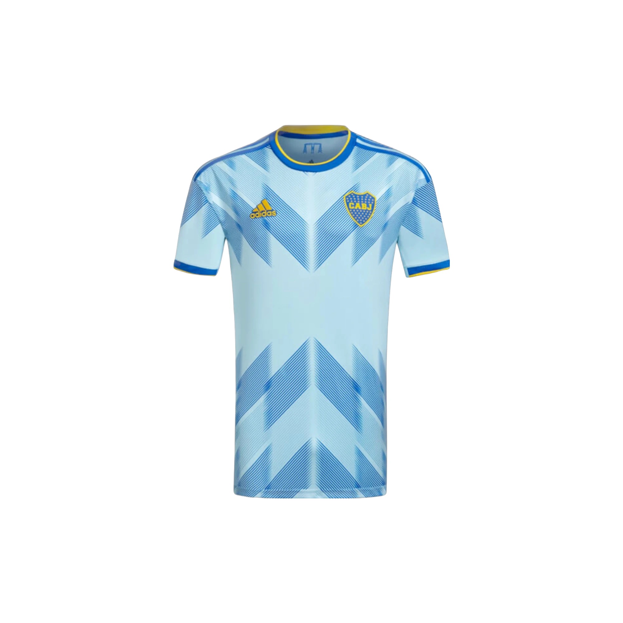 Light blue soccer jersey with yellow adidas logo and Boca Juniors text, 2023-2024 Bocca Juniors Third Shirt