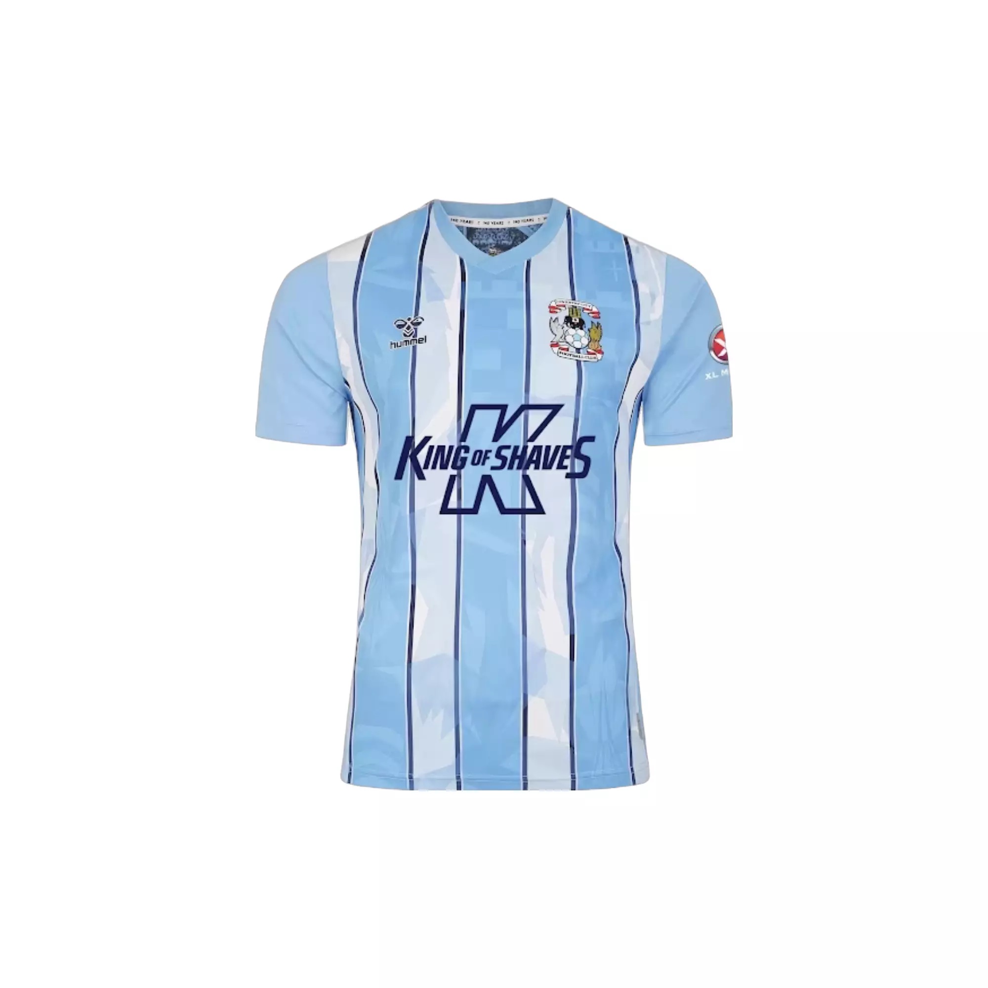 A light blue and white striped Coventry City home soccer shirt with the words "King of Shave" on it.