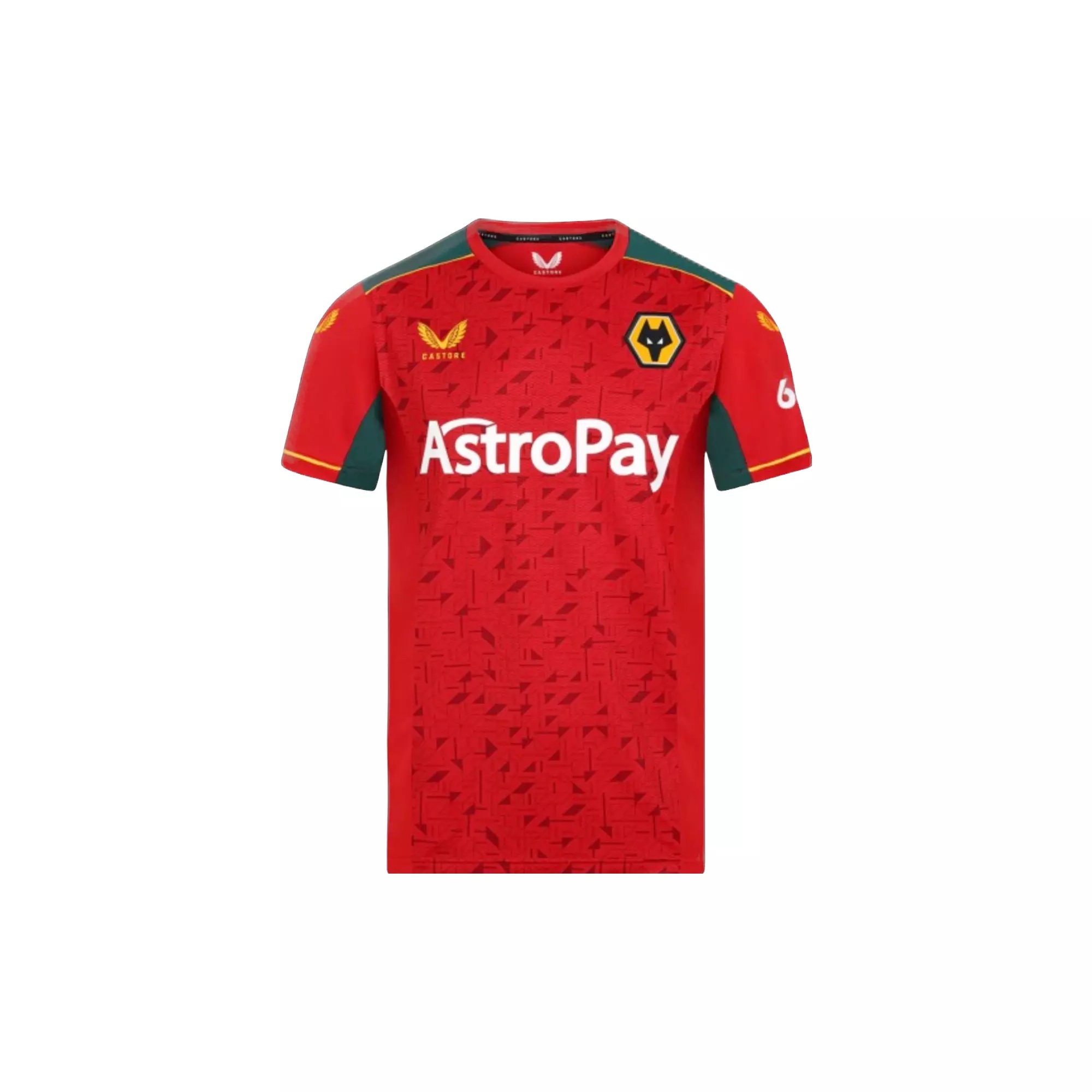 Red Wolverhampton United away soccer shirt with "Astropay" written on it in white Buy Now