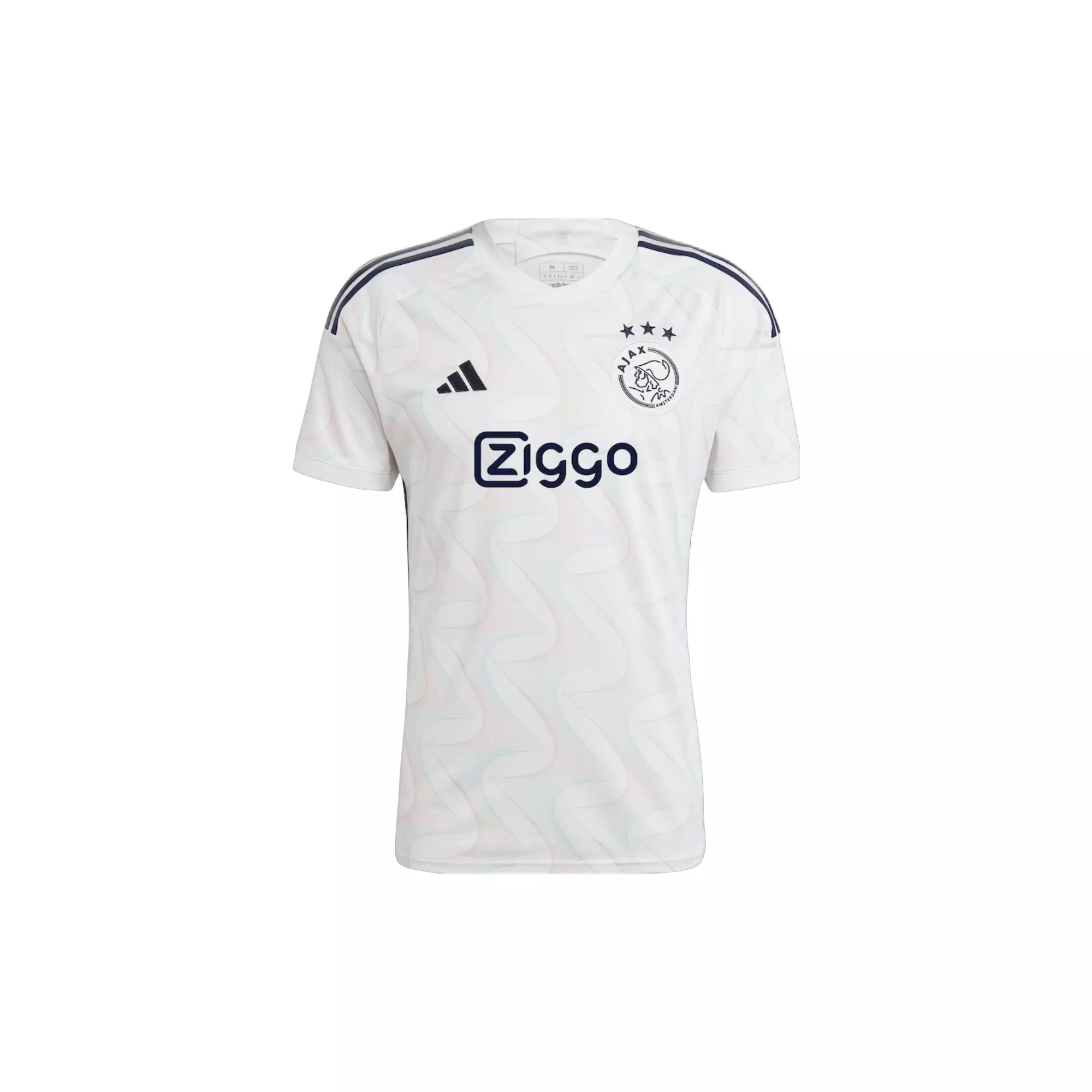 A Ajax 2023-2024 Away soccer jersey with club crest and "ZIGGO" written on it in black, Buy Now