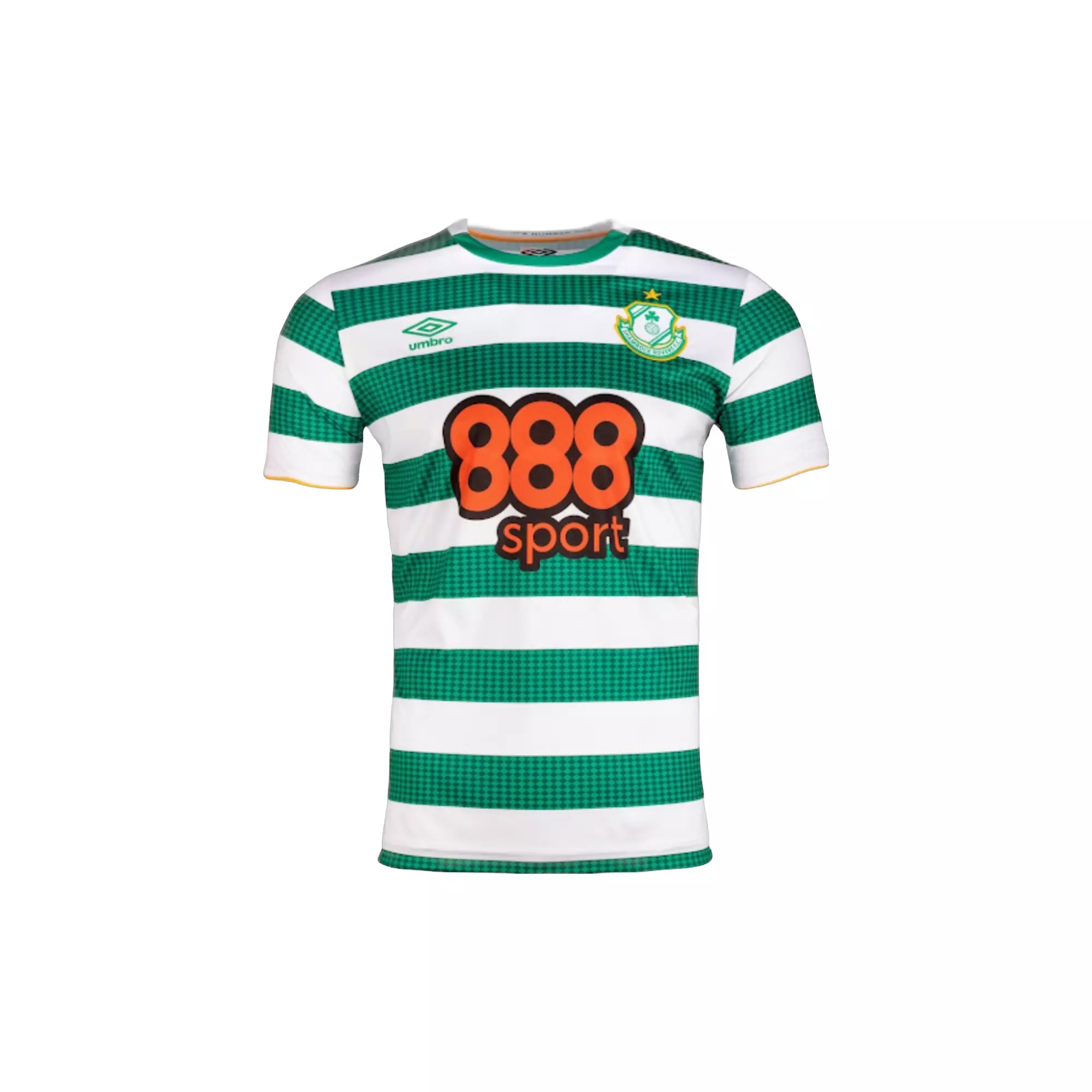 Green and white Shamrock Rovers soccer jersey with "888Sport" on chest in orange 2022-23