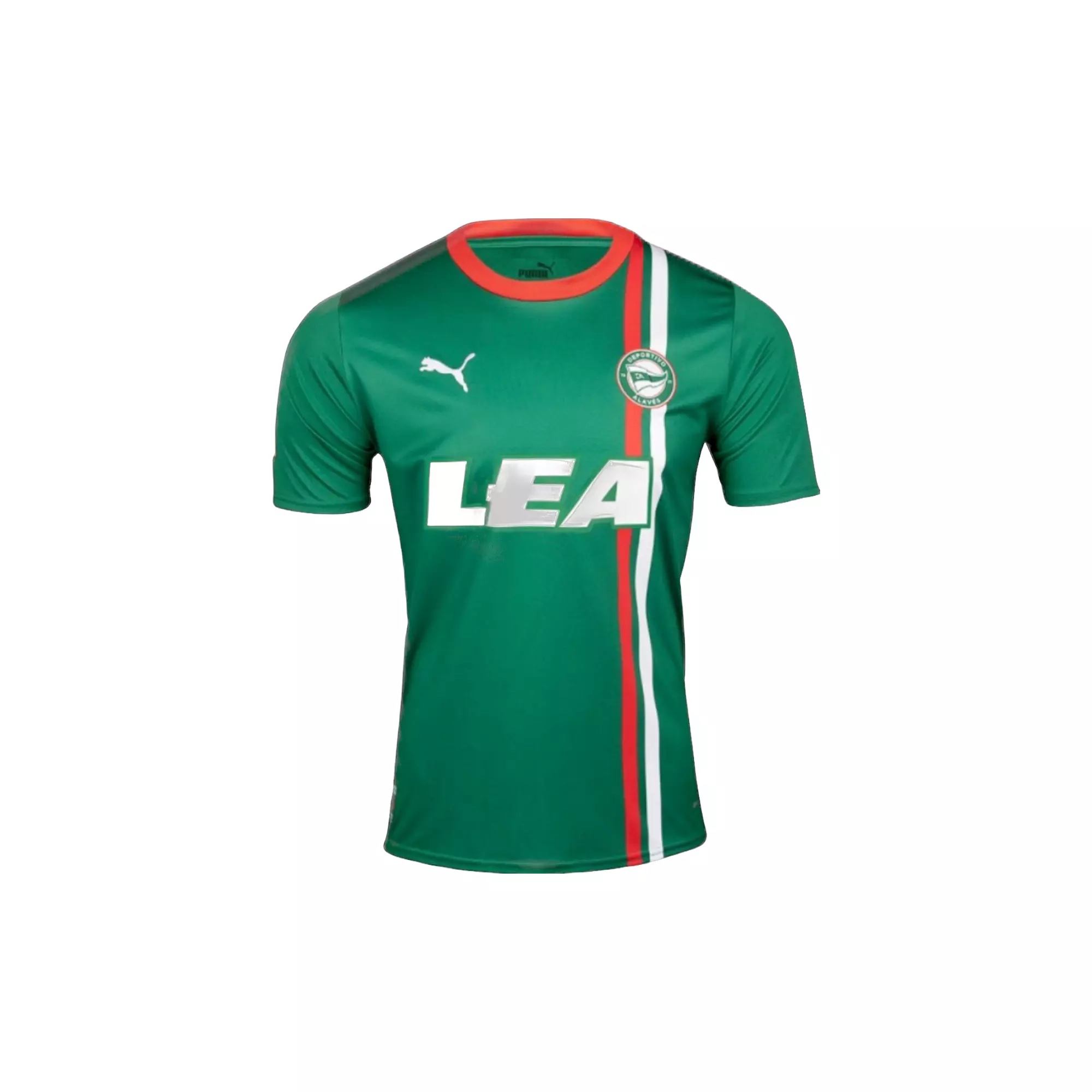 Puma Deportivo Alaves 2023-24 away green soccer jersey with the text "LEA" on it.