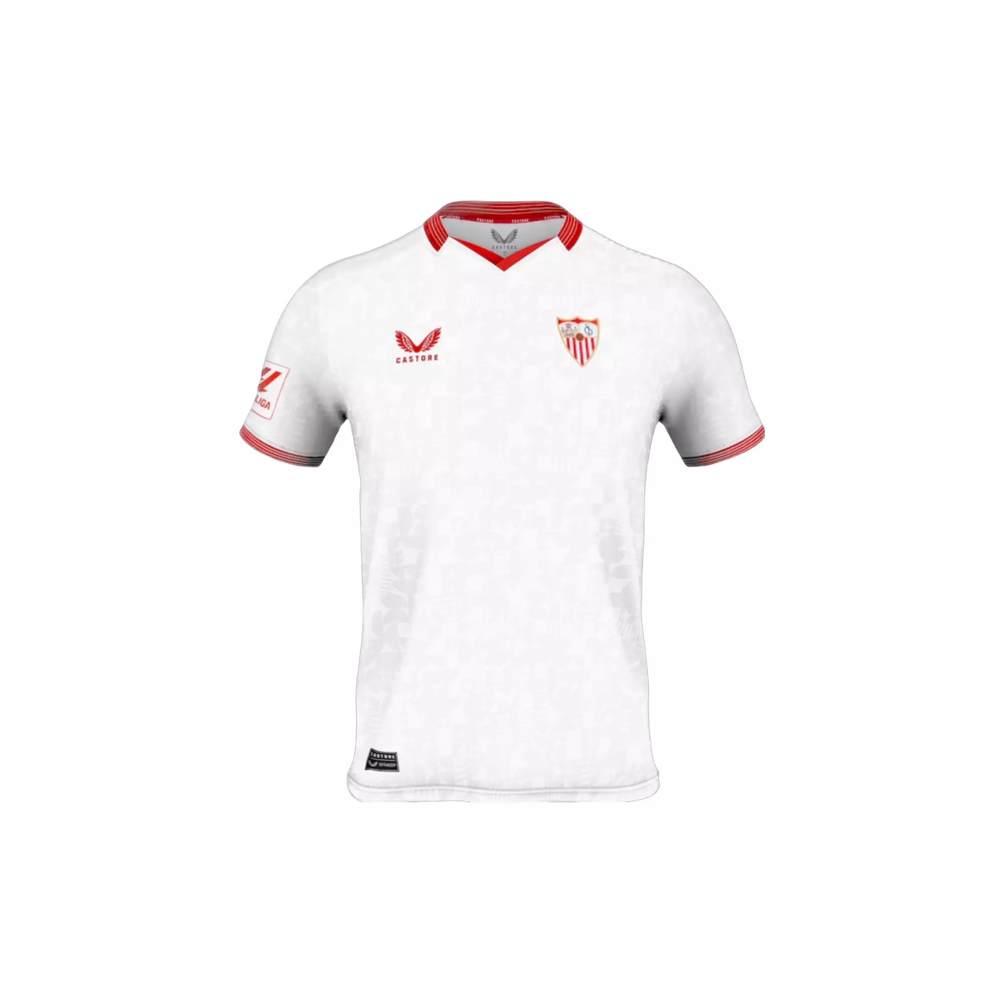 A white soccer jersey with a red collar and the words "Castore Sevilla FC" on it.