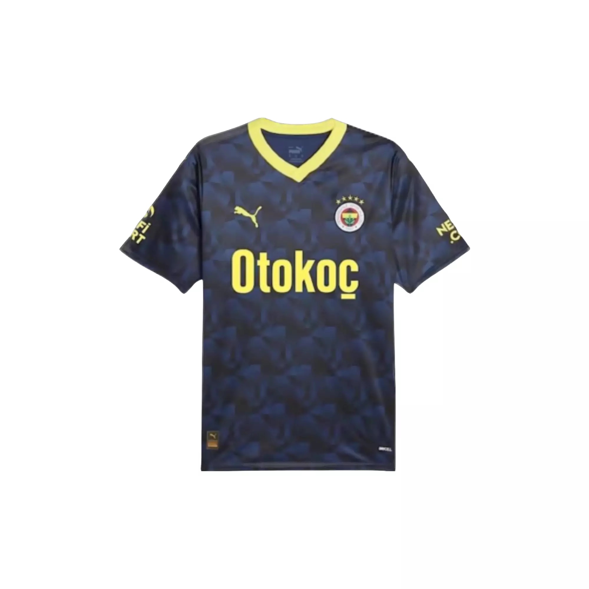 A blue Fenerbahce Puma soccer jersey 2023-24 with yellow collar and "Otokoc" written on it in yellow