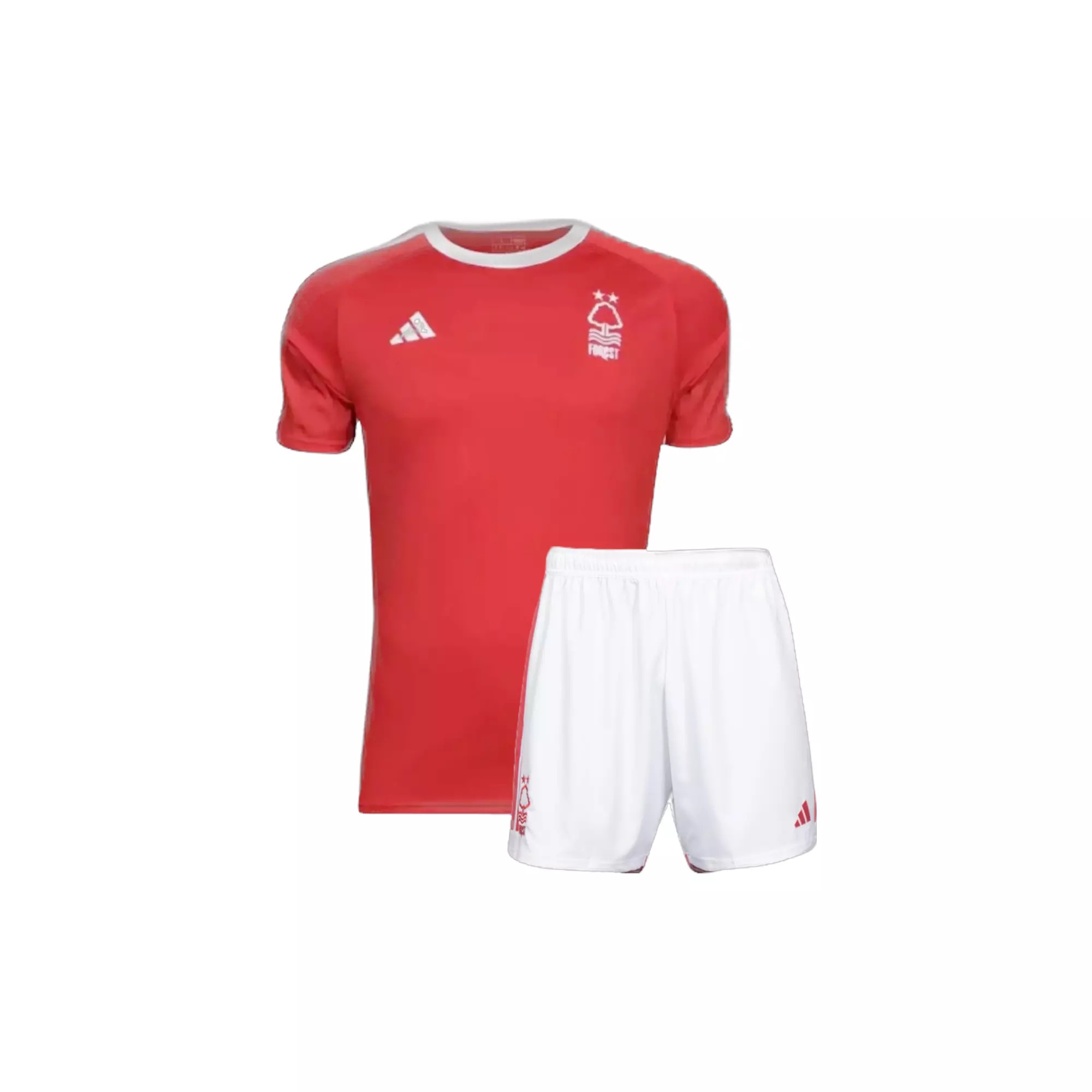 Red and white Nottingham Forest home soccer kit for kids 2023/24, on a white background: Buy Now