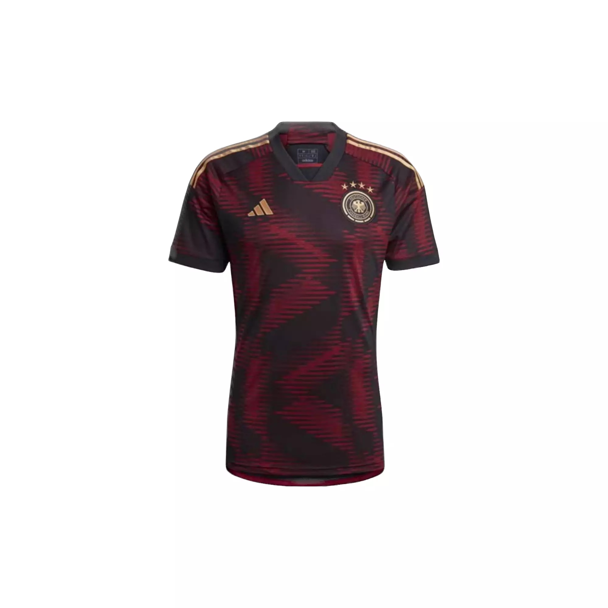 Red and black Germany Away soccer jersey 2022/23 with gold trim on a white background.