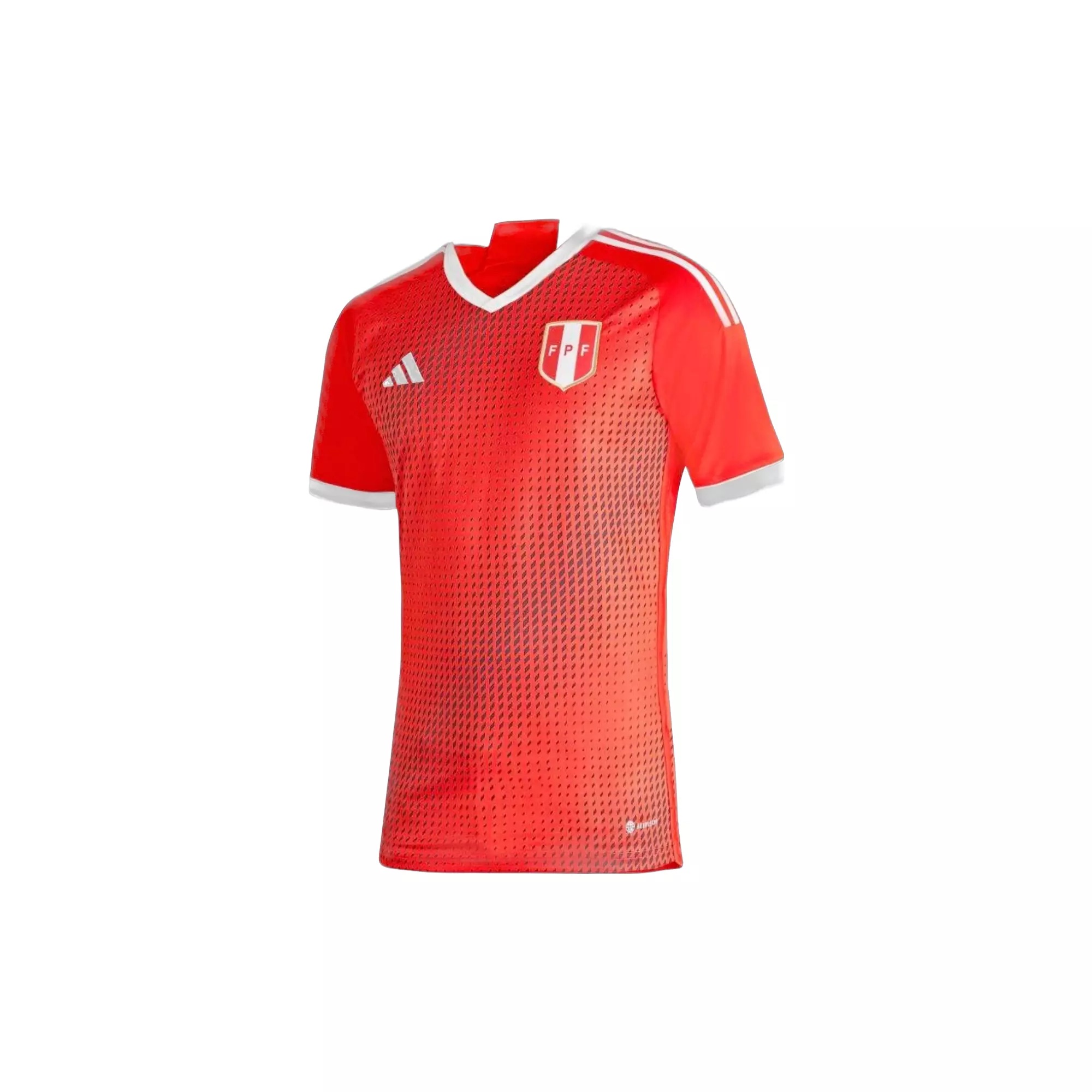 Red Peru away soccer jersey, with national crest and adidas logo on chest, on a white background