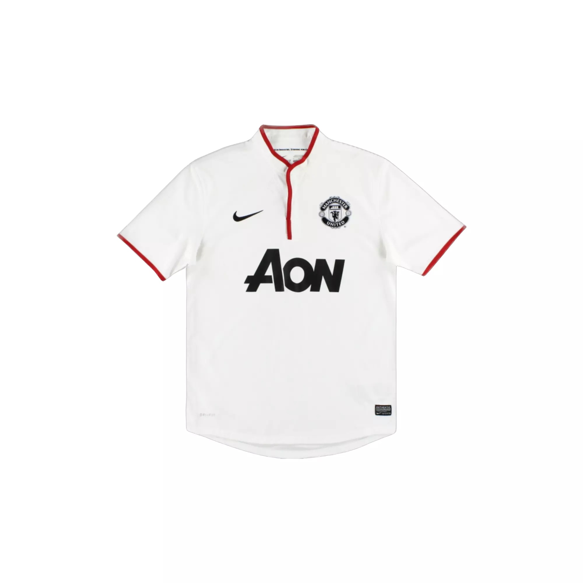 White retro classic Manchester United soccer jersey , red collar and "AON" in black on chest