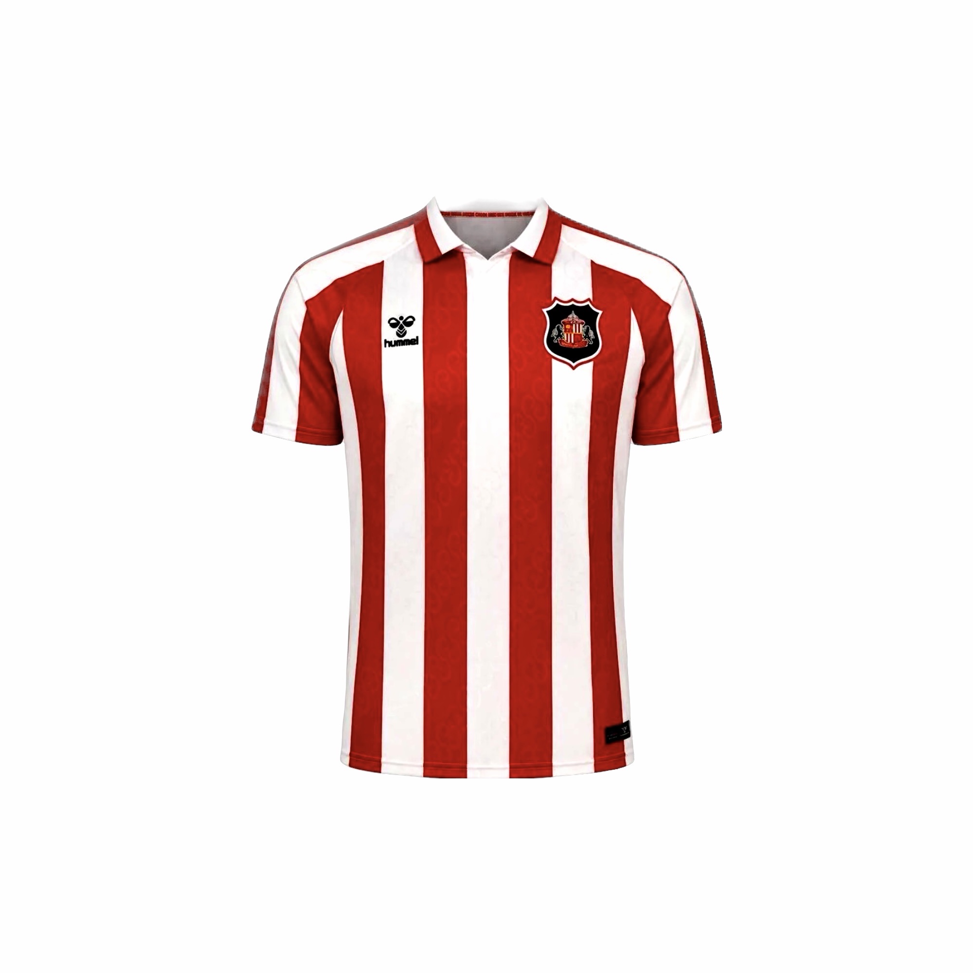 Front view of the 2026-27 Sunderland AFC home football shirt, featuring traditional red and white vertical stripes, short sleeves, and the woven club crest on the chest.