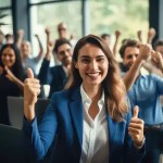 Alt text: Smiling professional woman giving thumbs up at corporate event with enthusiastic team, showcasing employee engagement and corporate swag success.