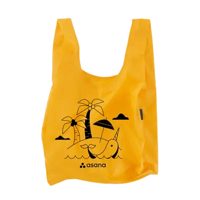 Yellow reusable tote bag with custom black Asana logo and tropical island design, eco-friendly promotional product ideal for corporate swag, sustainable giveaway item, and branded event merchandise.