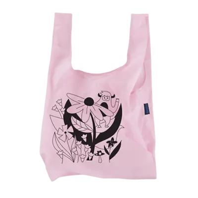 Pink reusable tote bag with custom black floral and abstract design, eco-friendly promotional product ideal for sustainable swag and corporate giveaways.