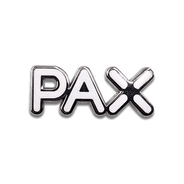 Alt text: Custom enamel pin with "PAX" lettering, showcasing high-quality branded promotional products ideal for corporate swag, event giveaways, and personalized company merchandise.