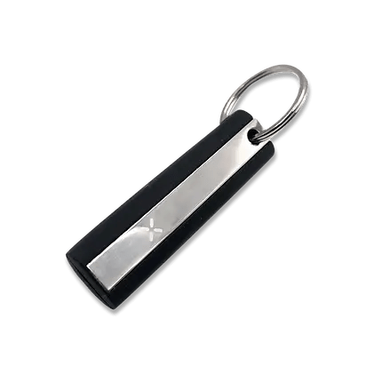 Black and silver custom promotional keychain with metal accent, ideal corporate swag giveaway item for events and employee gifts.