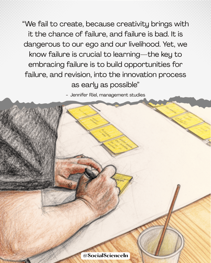 Pencil drawing of a white man's hands as he writes on post-it notes. Quote from Jennifer Riel: "We fail to create, beacuse creativity brings with it the change of failure"