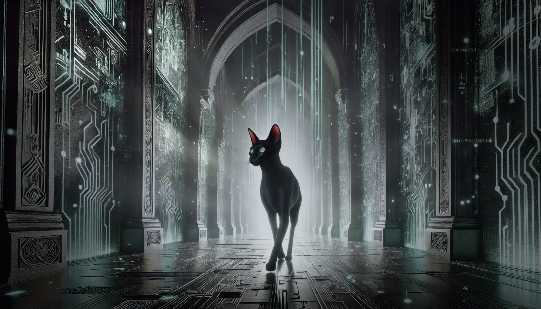 A sleek black Oriental Shorthair cat with glowing green eyes steps through a shimmering, glitching wall into a surreal corridor. The setting combines sacred cathedral architecture with futuristic circuitry and floating digital glyphs. The cat walks calmly, as if newly awakened from a dream.