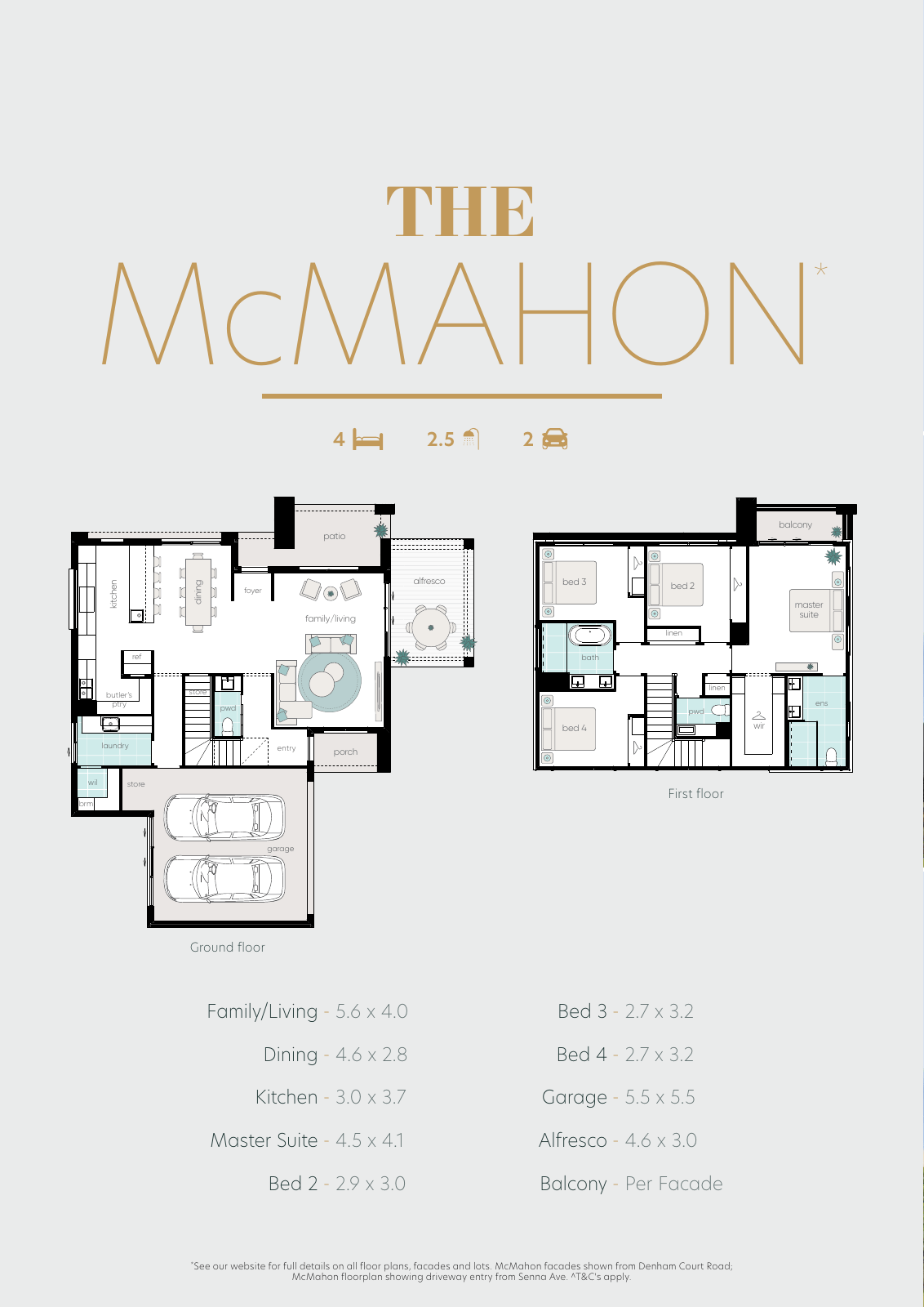 McMahon｜4房2.5卫双车库 McMahon 双层户型原始整页图：首层家庭活动空间、楼上4卧室；不同立面及地块可能采用镜像方案。