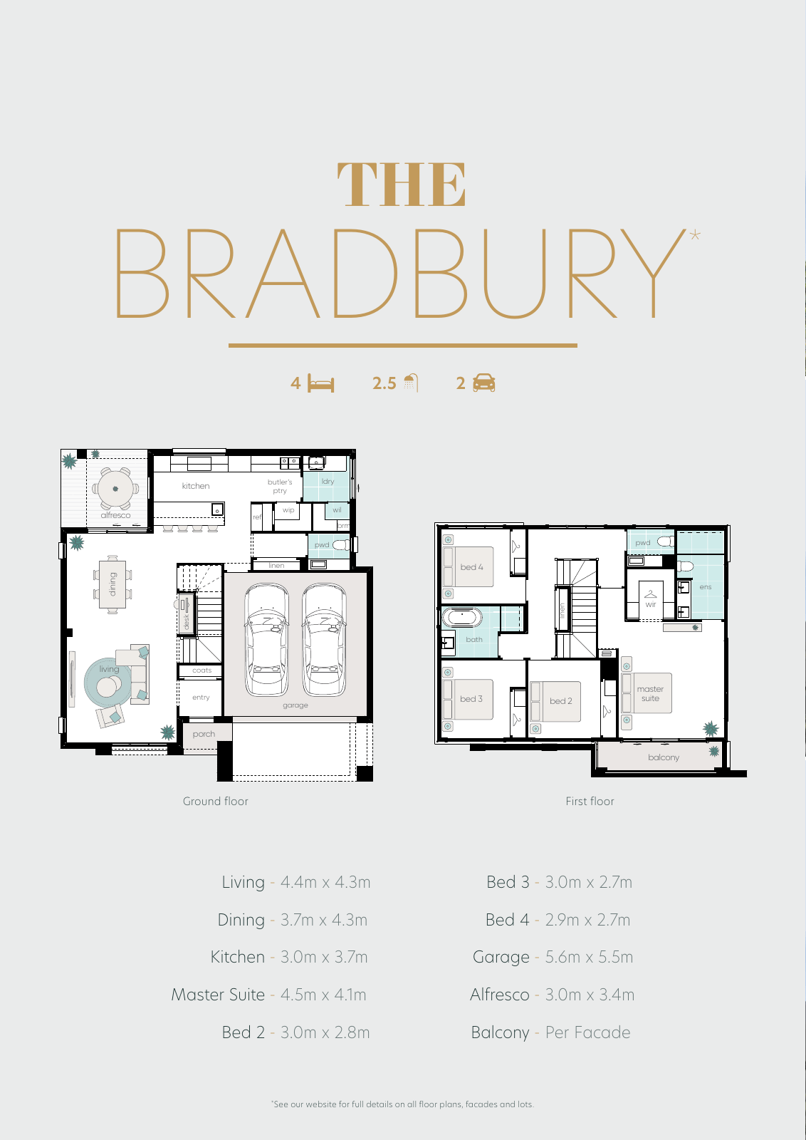 Bradbury｜4房2.5卫双车库 Bradbury 双层户型原始整页图：首层家庭活动空间、楼上4卧室；不同立面及地块可能采用镜像方案。