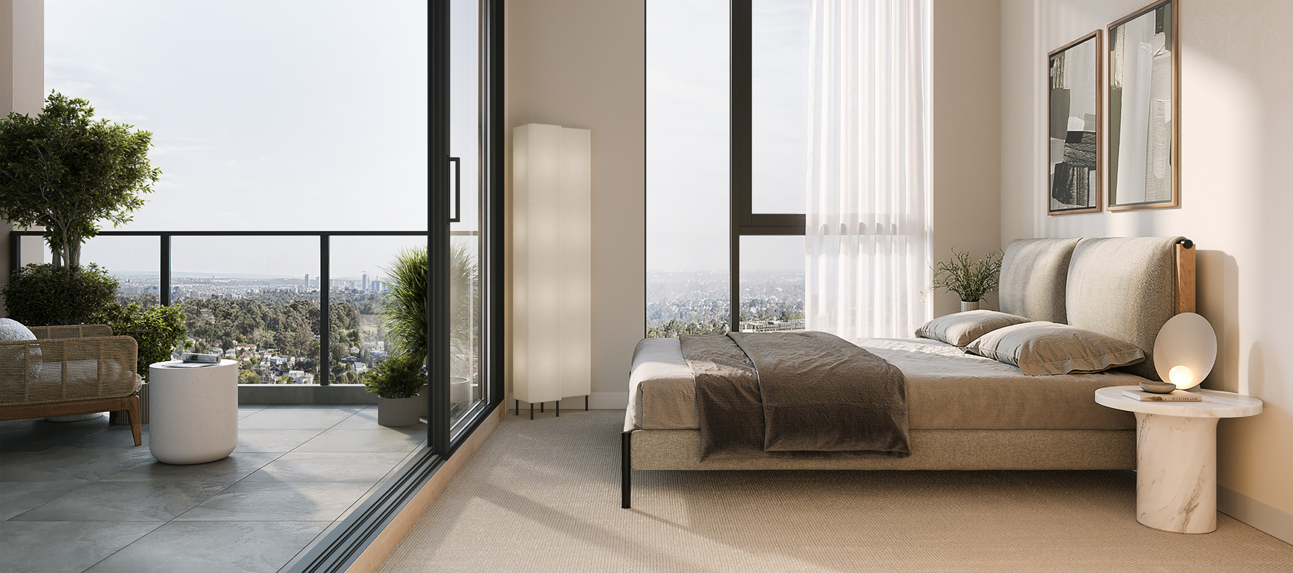 The Sky Residences 高层住宅设计效果图；不同房号的面积、朝向与景观分别确认。