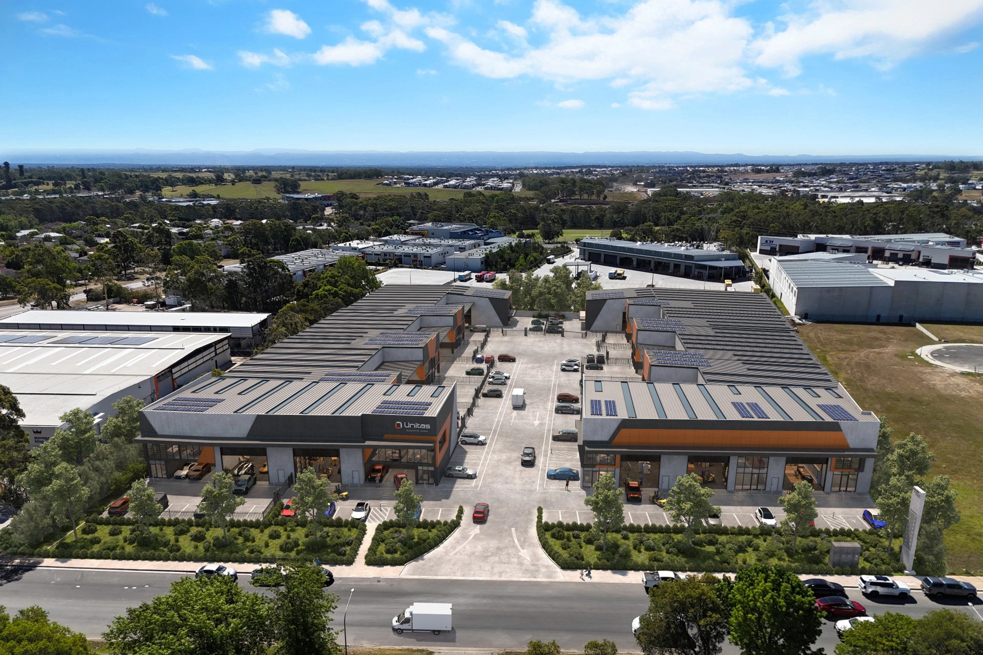 Unitas Business Park 项目鸟瞰效果图，展示园区建筑布局及车道；为建筑效果展示，非具体单元现况。