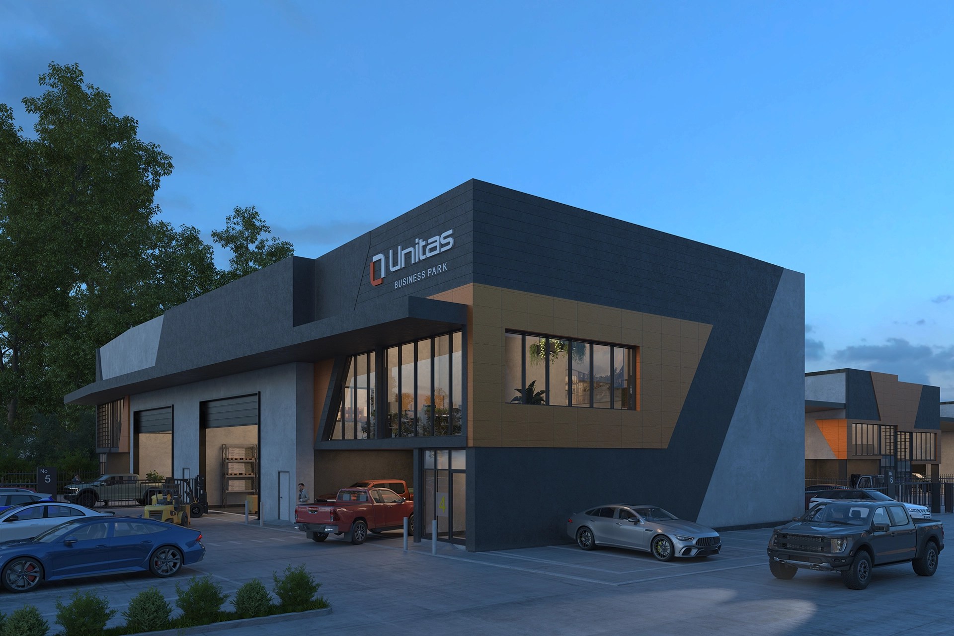 Unitas Business Park 转角仓库夜景效果图；为建筑效果展示，非具体单元现况。
