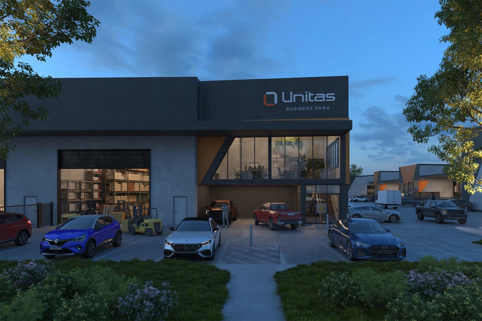 Unitas Business Park 仓库正面夜景效果图；为建筑效果展示，非具体单元现况。