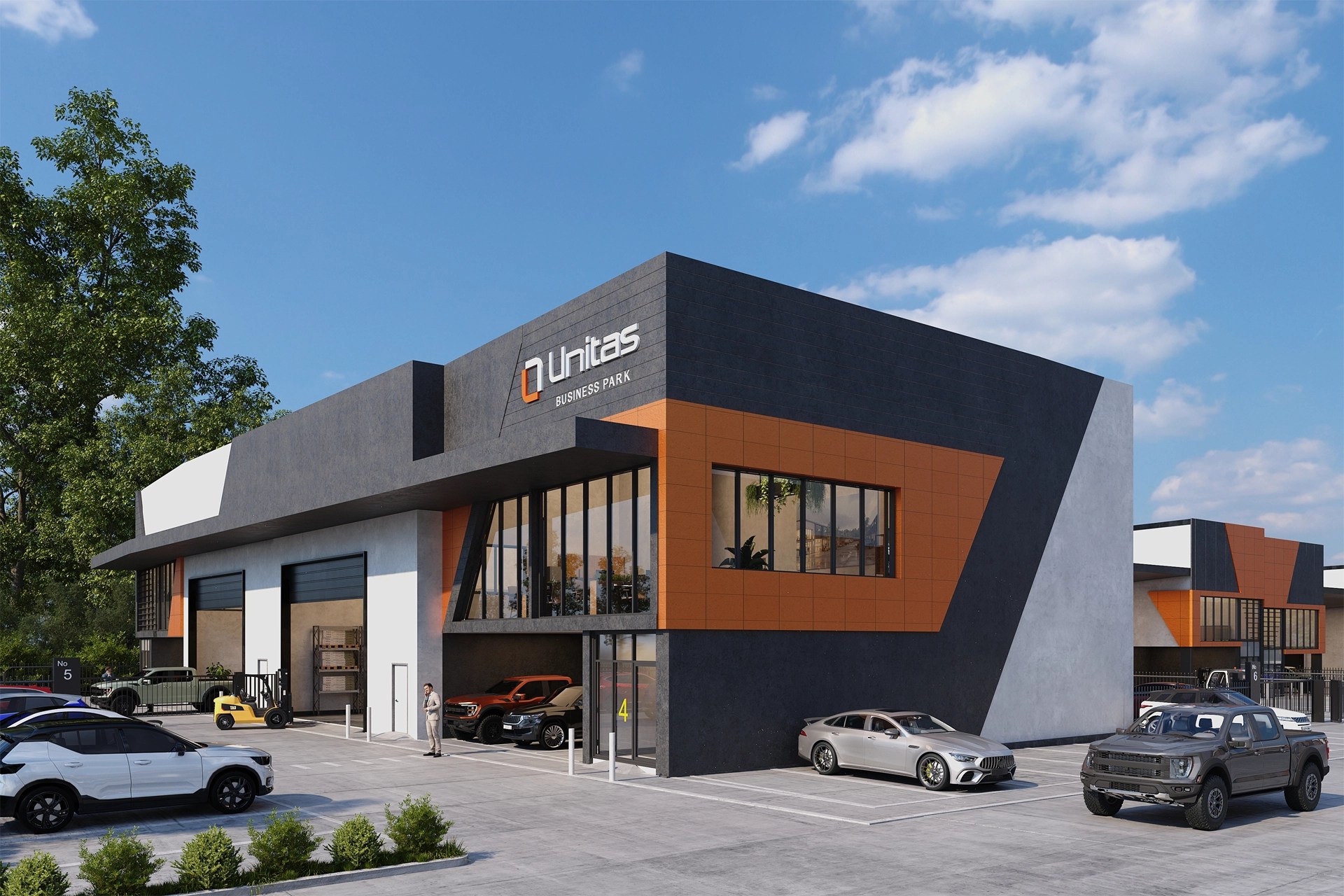 Unitas Business Park 转角仓库日景效果图；为建筑效果展示，非具体单元现况。