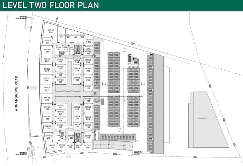 二层办公室平面图 · 316 Annangrove Road 二层办公室平面图。公开建筑楼层图，含单元分布、空间分隔及停车布局；不是带详细尺寸的独立单元图。