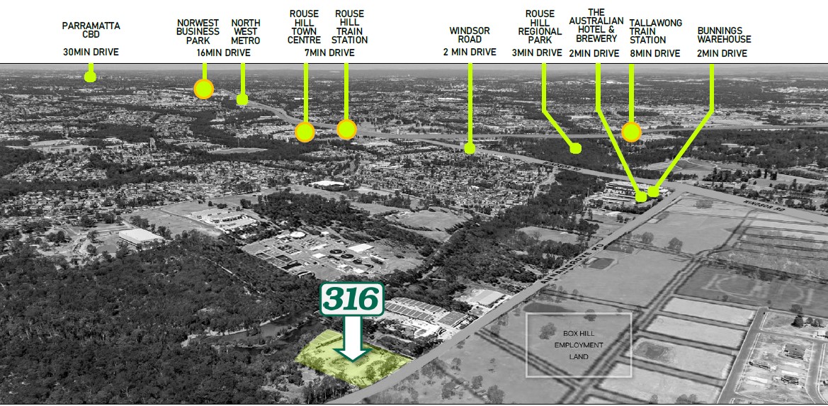 316 Annangrove Road 项目位置与周边设施鸟瞰示意图；图示车程仅为原资料估计。