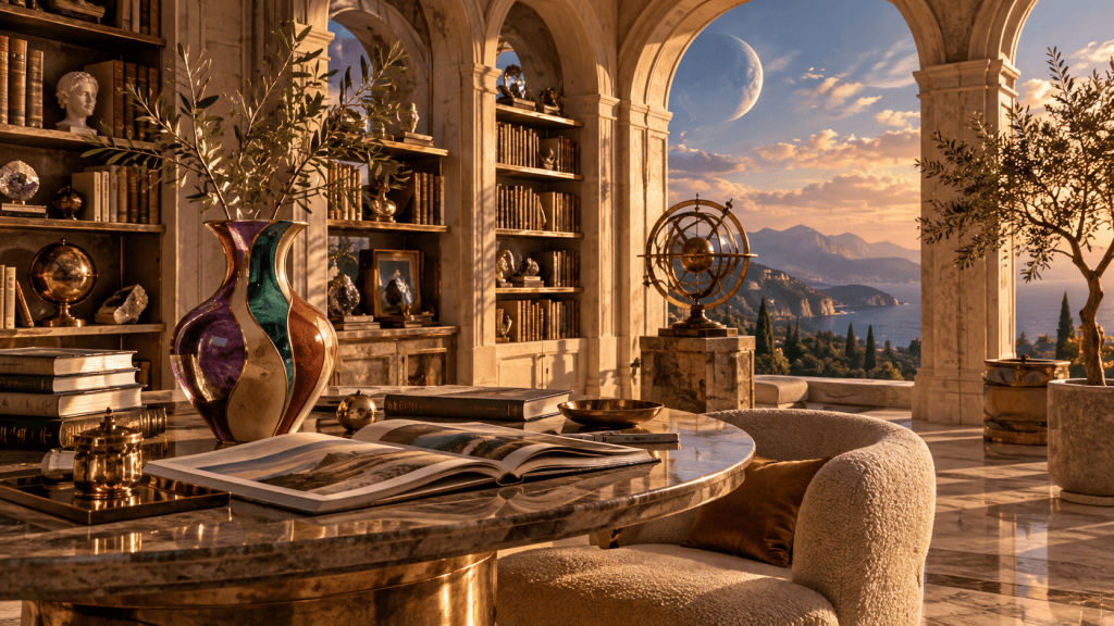 Luxurious marble library with a multicolored sculptural vase, books, celestial sky, and coastal landscape.