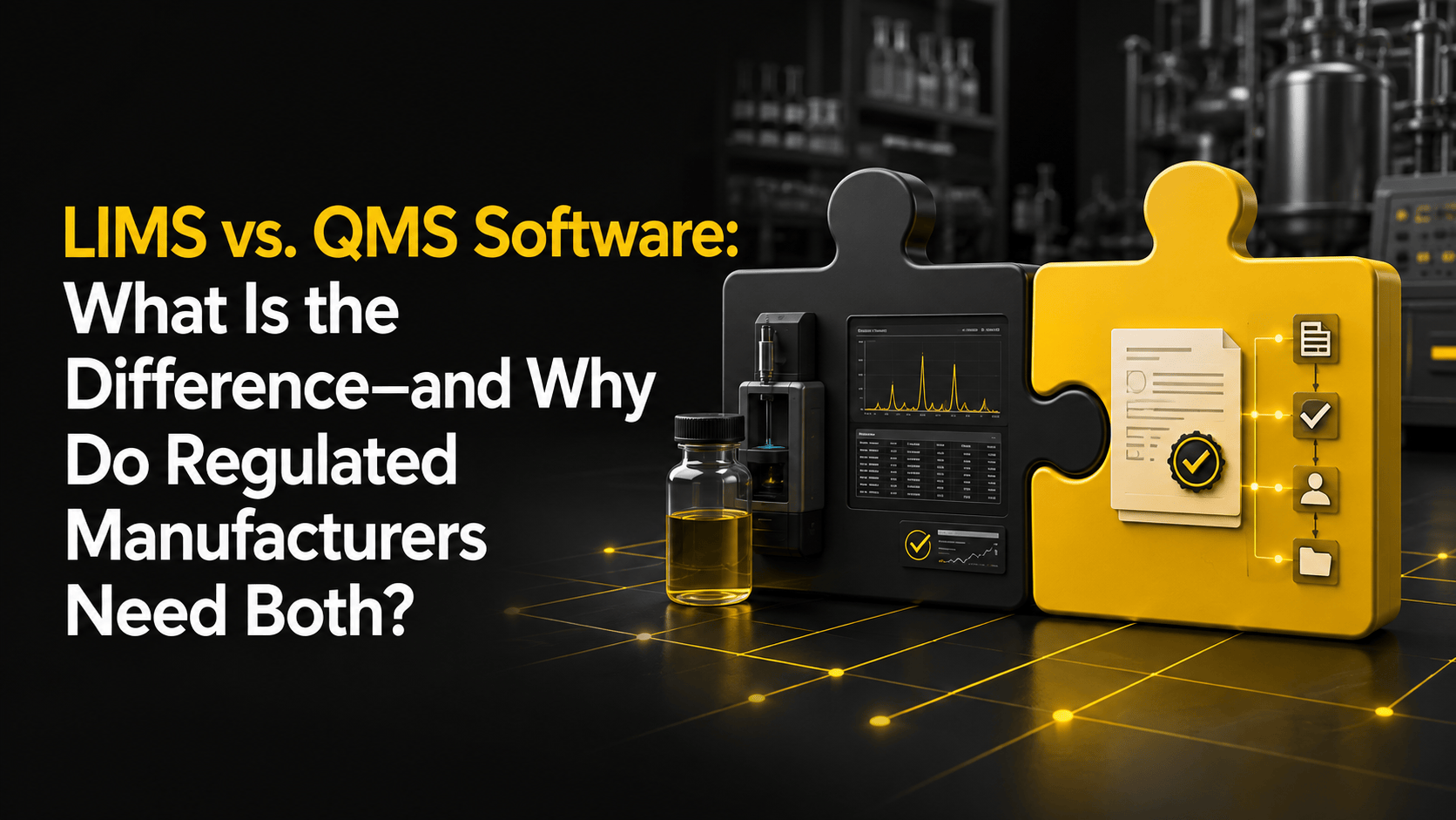 Interlocking LIMS and QMS Software puzzle pieces connecting laboratory testing with pharmaceutical quality workflows.