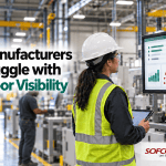 Production supervisor viewing a connected digital overview of work orders, equipment status and shop-floor activity in a modern manufacturing plant.