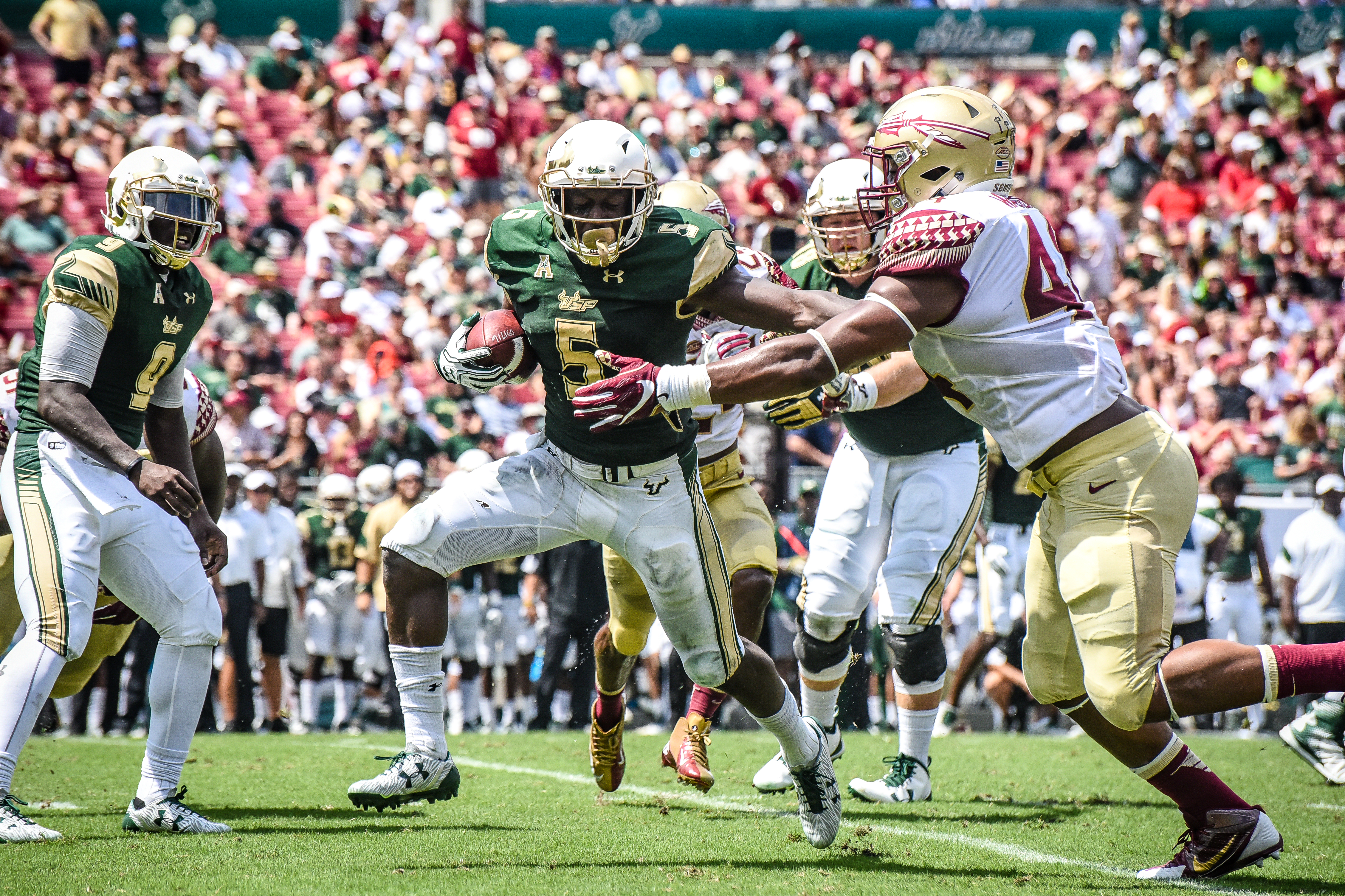 FSU vs USF 2016 75 - Marlon Mack stiff arms Demarcus Walker Quinton Flowers watching by Dennis Akers (4512x3008)