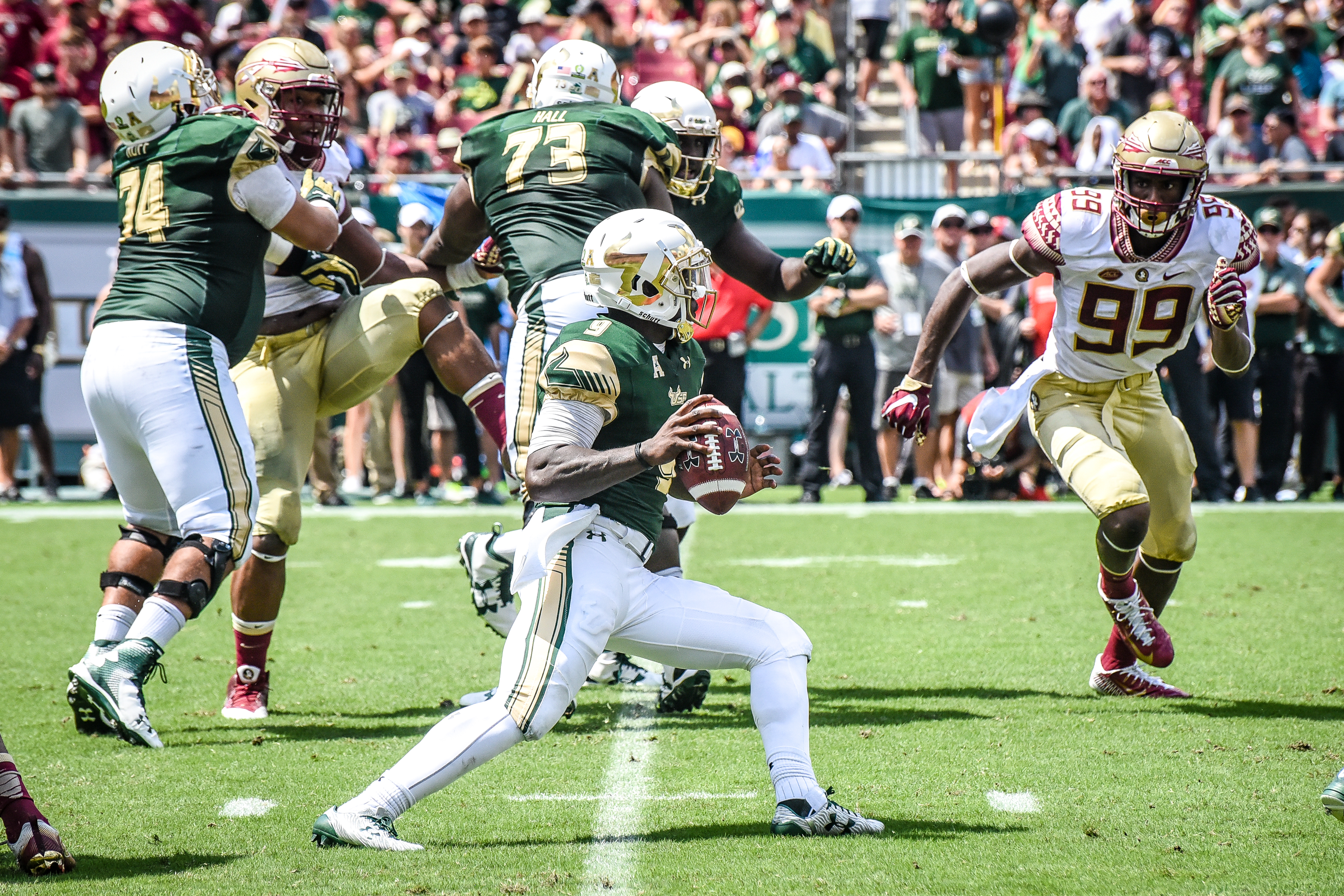 FSU vs USF 2016 77 - Quinton Flowers dodges Brian Burns by Dennis Akers (3881x2587)