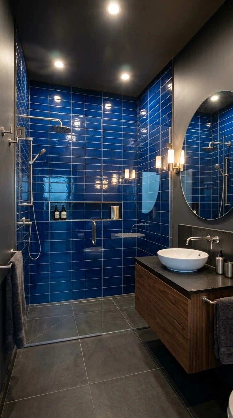 (5)--Windowless Bathroom, Reflective Blue Tiles