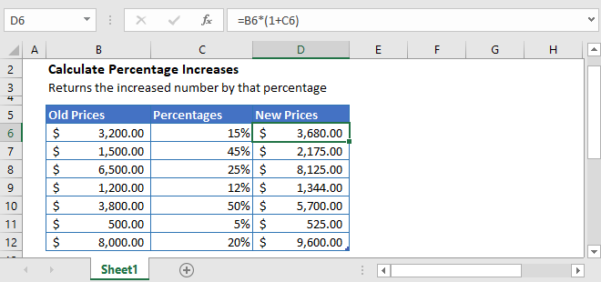 How to add a percentage increase in excel?