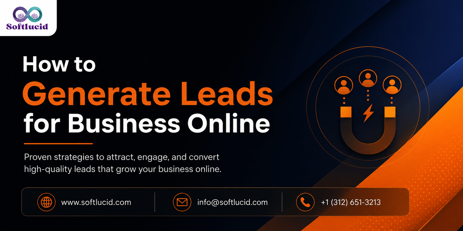 Professional horizontal marketing banner for Softlucid featuring the topic "How to Generate Leads for Business Online" with a dark blue, black, and orange gradient background, lead generation magnet illustration, company logo, and contact information including website, email, and phone number.