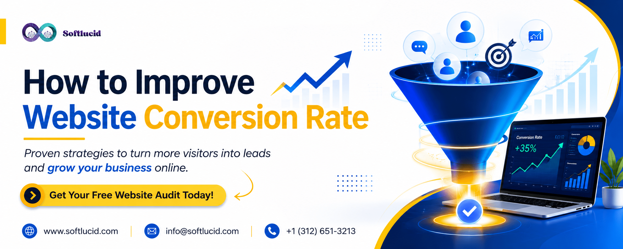 Professional website conversion rate optimization banner featuring a digital conversion funnel, analytics dashboard, growth chart, and Softlucid branding with a call-to-action for a free website audit.