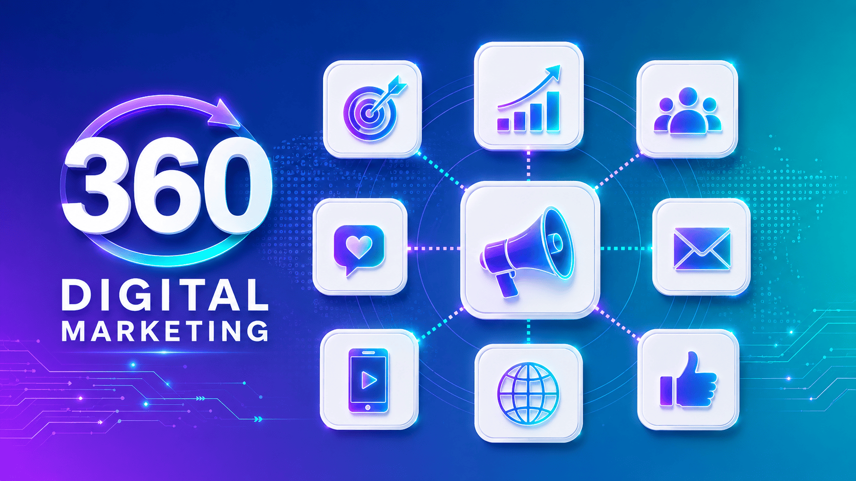 Digital Marketing 360 concept with glowing glass icons representing SEO, social media, email marketing, analytics, audience targeting, and online business growth on a futuristic technology background.