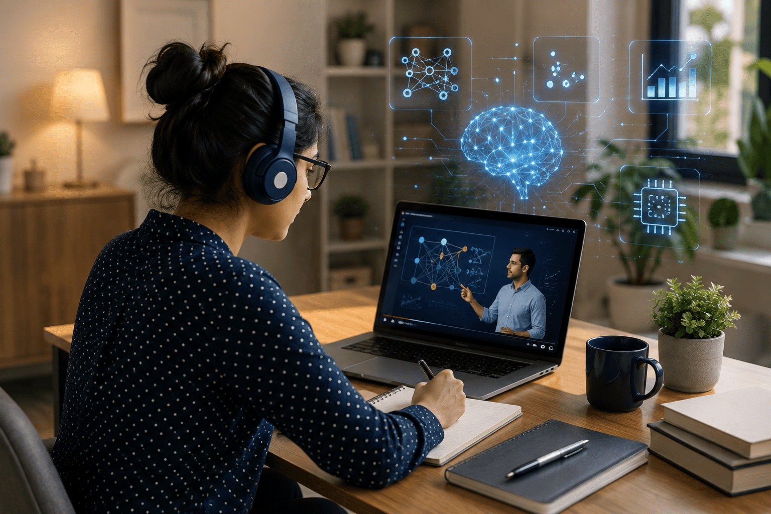 A young professional studies Artificial Intelligence and Machine Learning in a modern home office, taking notes while attending an online AI training session. A laptop displays AI concepts and visualizations, surrounded by AI books, study materials, and an organized workspace designed for practical, career-focused learning.
