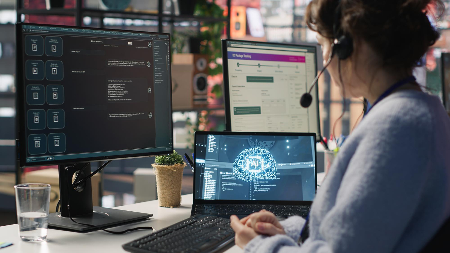AI and machine learning professional working on practical projects using multiple computer screens