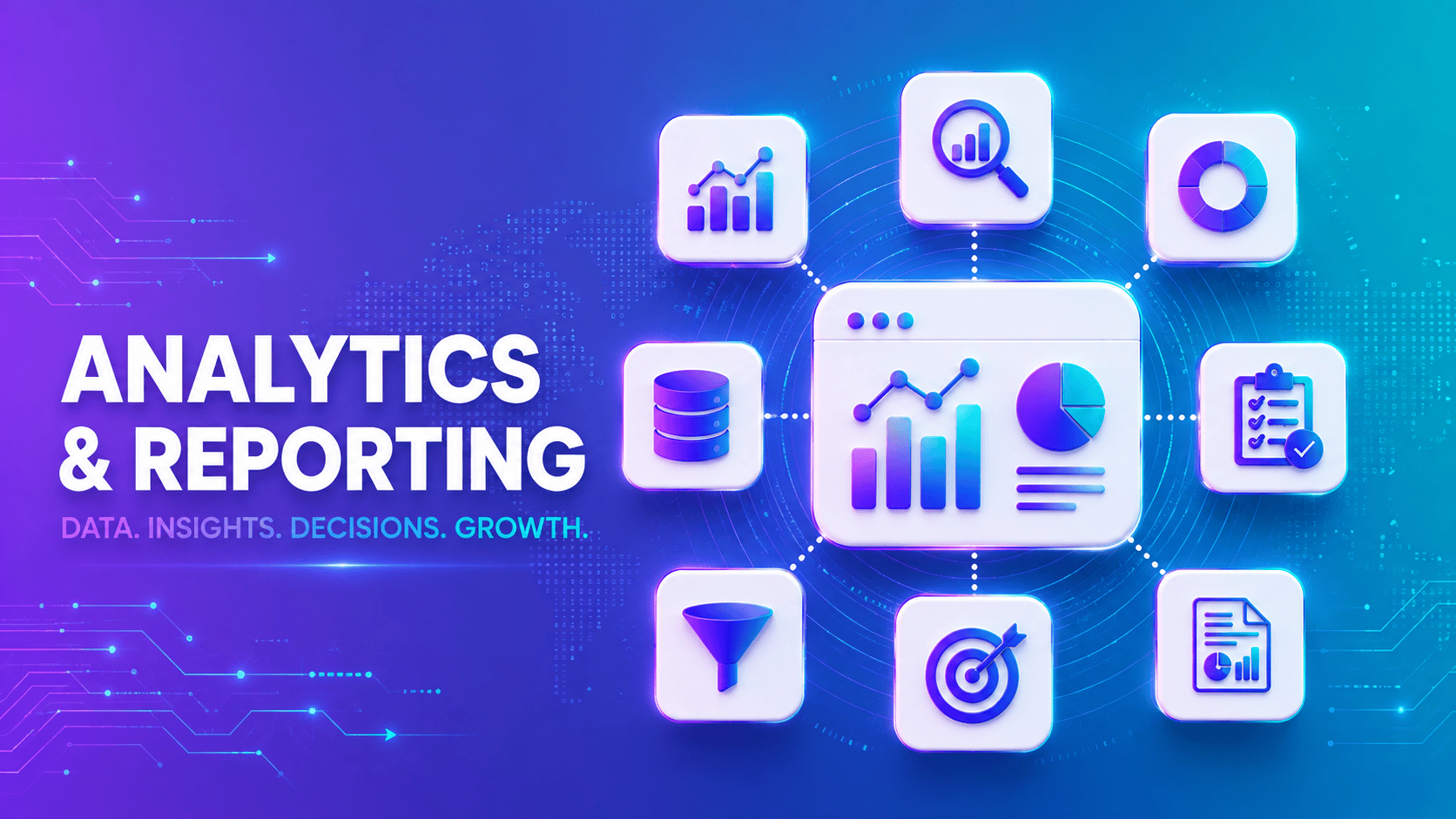 Futuristic Analytics and Reporting illustration featuring glowing glass icons for business intelligence, dashboards, data visualization, performance analytics, KPI tracking, and reporting on a modern technology background.