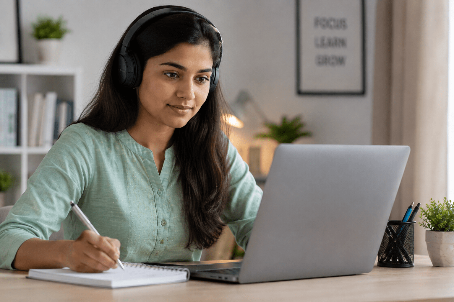 Professional Indian woman attending an online Data Analytics training course from a modern home office while taking notes on a laptop.